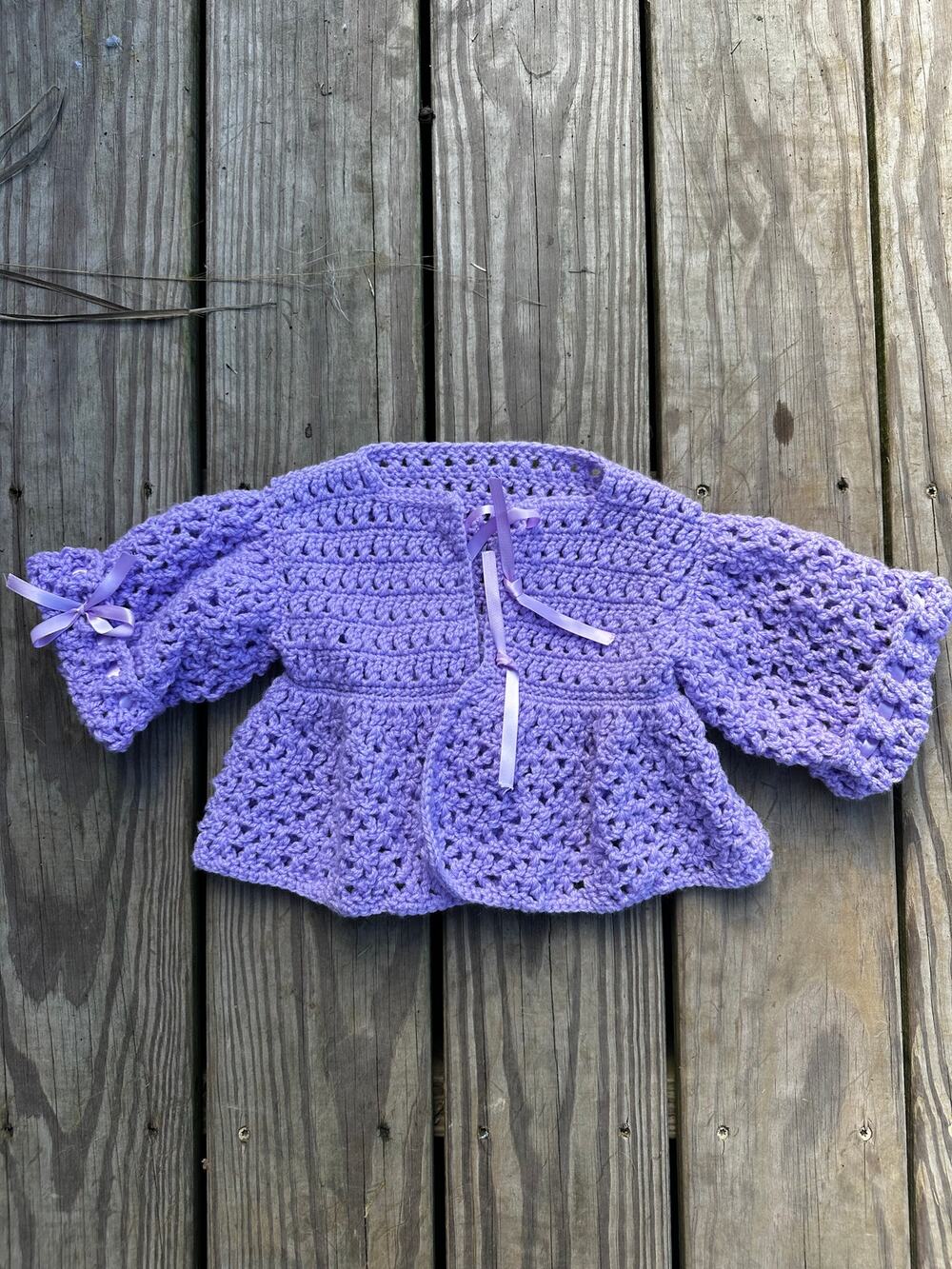 Handmade Crochet Baby Cardigan Sweater Lilac Purple Ribbon Tie Vintage Style